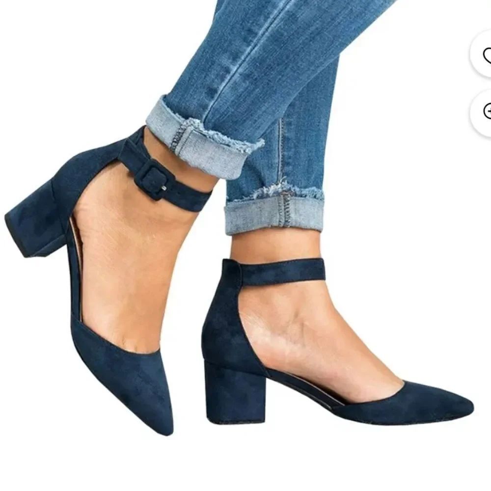 BRAND NEW WOMEN'S POINTED TOE ANKLE STRAP BUCKLE CHUNKY BLOCK HEEL SANDAL - Picture 15 of 15